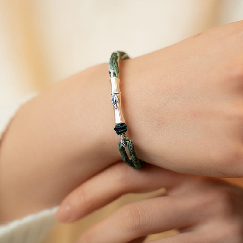 Braccialetto in argento sterling 925 con nodo di reincarnazione in bambù e corda di protezione dalla fortuna