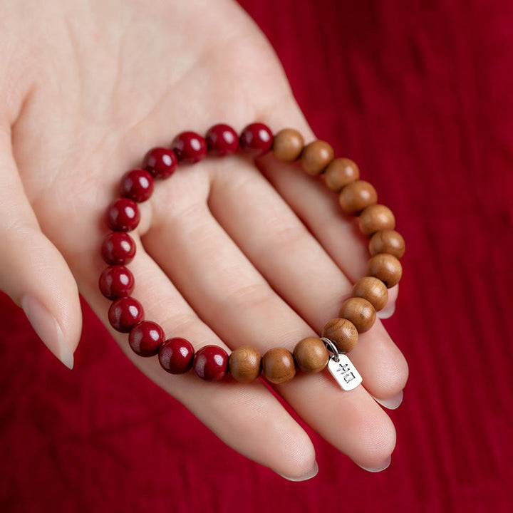 Bracciale Buddha Stones in argento sterling 925, legno di pesca, cinabro, allontana gli spiriti maligni