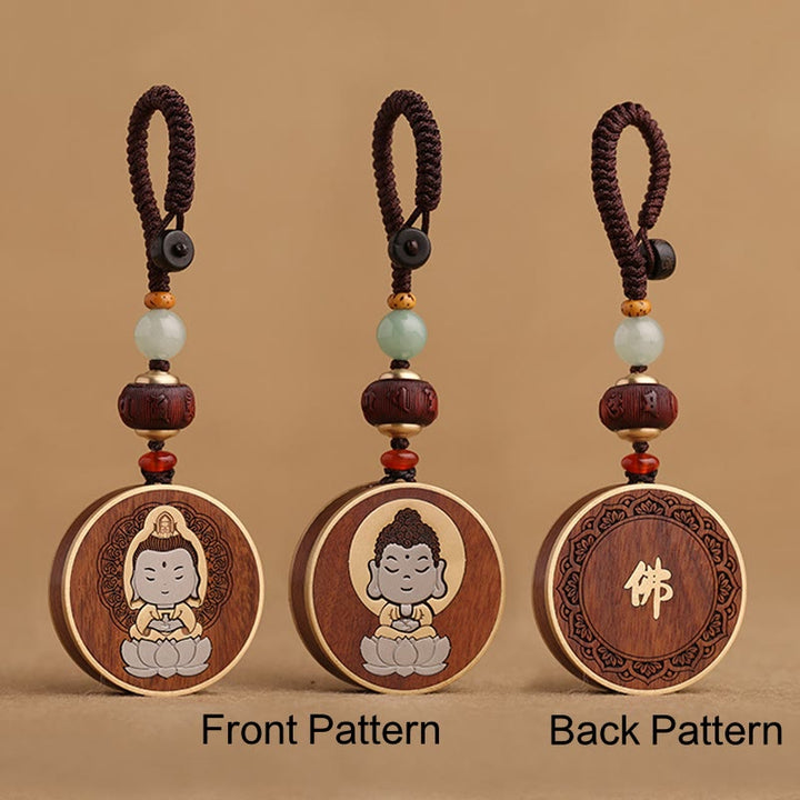 Buddha Stones Legno di ebano Palissandro Buddha Avalokitesvara Om Mani Padme Hum Equilibrio Decorazione della catena chiave dell'auto