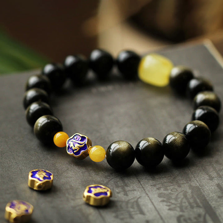 Bracciale Buddha Stones 925 Sterling Silver Zodiaco Cinese Buddha Natale Naturale Oro Lucentezza Ossidiana Ambra Protezione Ricchezza - image 8