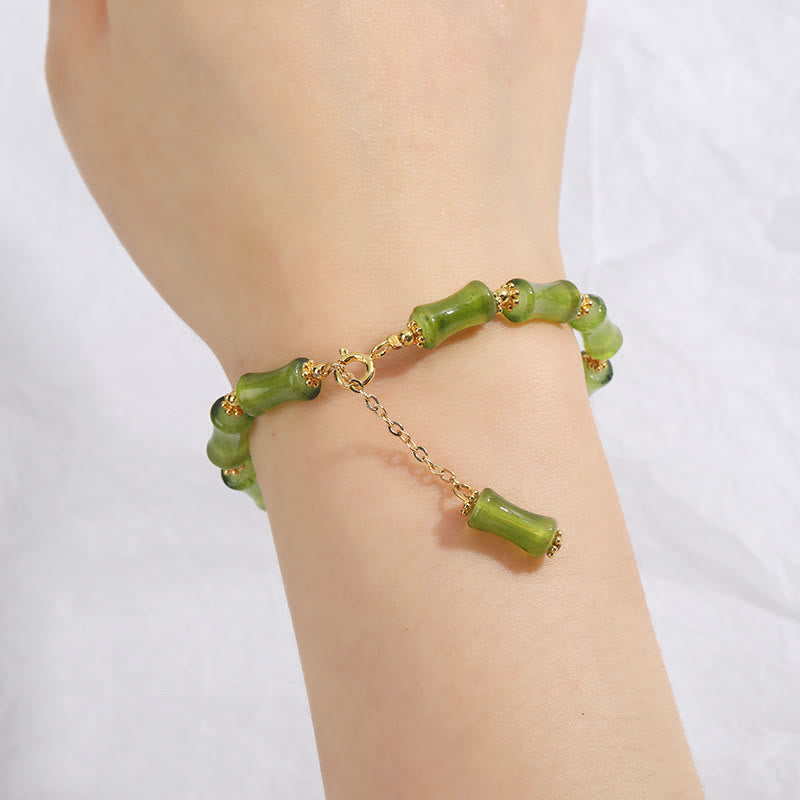 Bracciale a catena della ricchezza in agata muschiata con motivo in bambù verde Buddha Stones Liuli