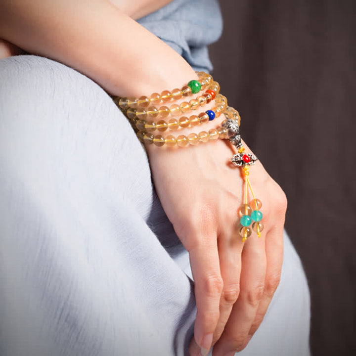 Braccialetto con ciondolo in argento sterling 925, 108 perline Mala, citrino naturale, agata rossa, ambra e piacere