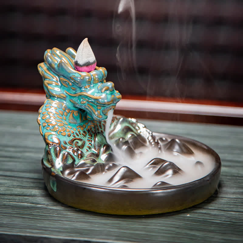 Bruciatore di incenso con fontana di fumo a riflusso in ceramica con motivo a drago, decorazione