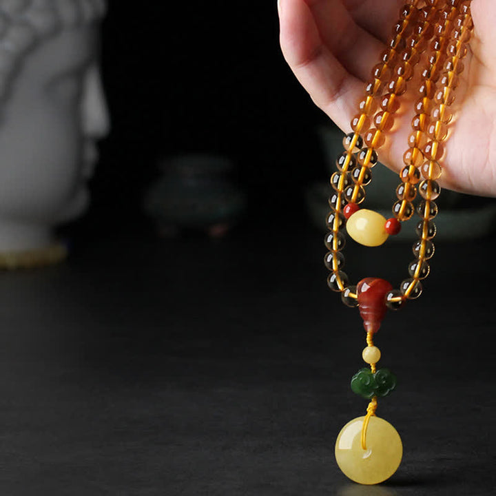 Braccialetto con ciondolo di protezione PiXiu, 108 perle di Mala, ambra citrino naturale, fibbia della pace, agata rossa