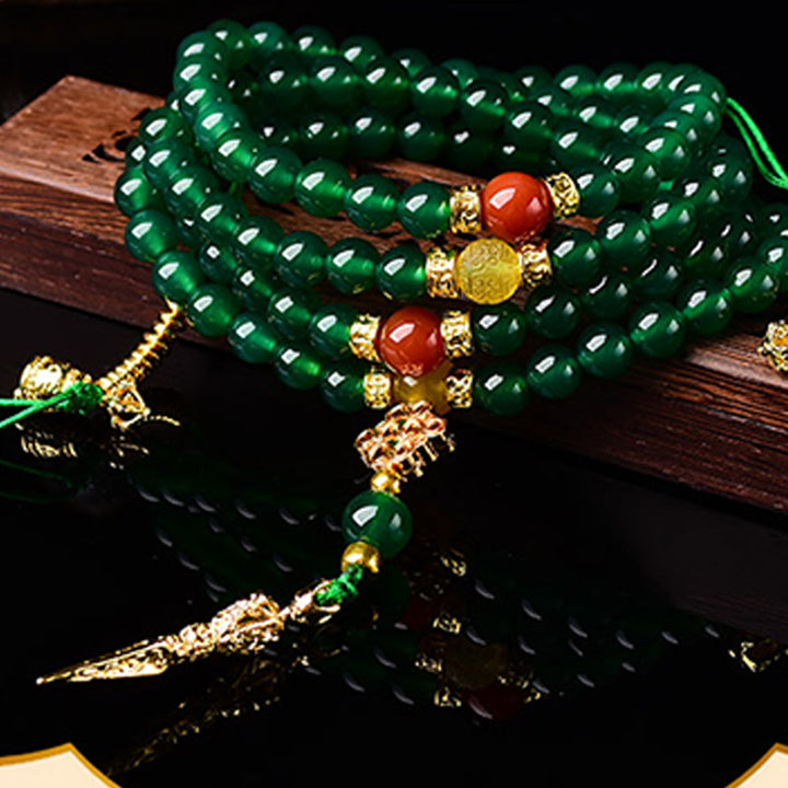 Buddha Stones 108 Perle Agata Verde Naturale Braccialetto Mala