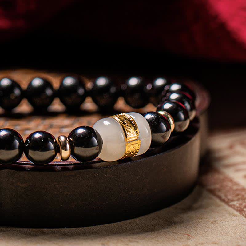 Buddha Stones Ossidiana nera Giada Om Mani Padme Hum Forza Coppia Braccialetto magnetico