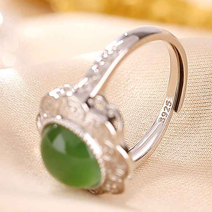 Anello regolabile con design a forma di fiore in giada ciano Hetian in argento sterling 925 Buddha Stones
