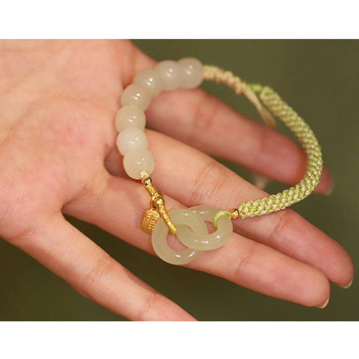 Braccialetto intrecciato con perline di giada naturale Hetian Buddha Stones con fibbia a doppia pace Fu Character Abbondanza