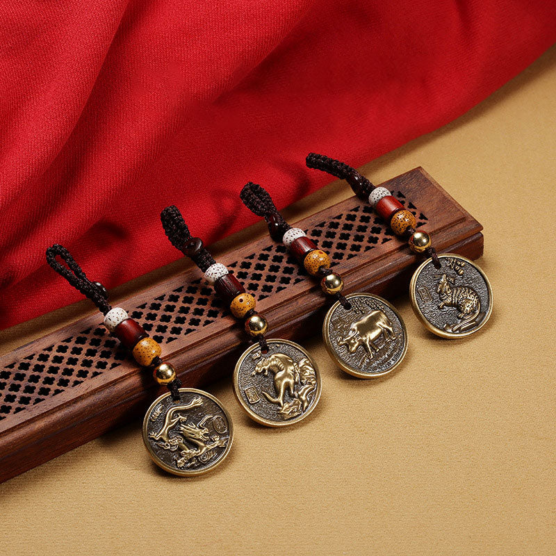 Portachiavi con decorazione in rame con zodiaco cinese e fortuna