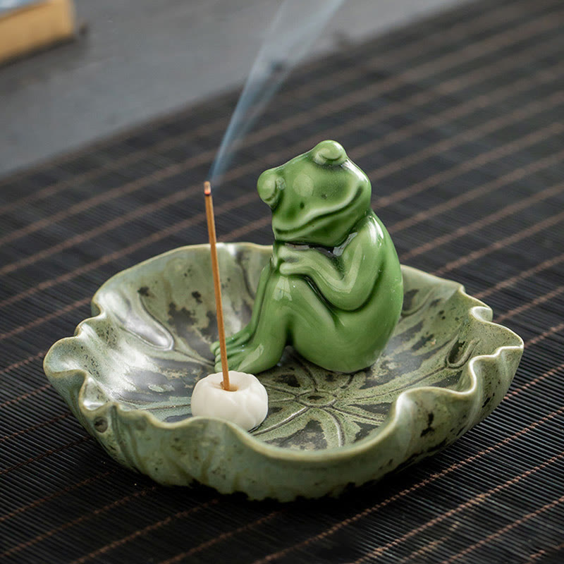 Buddha Stones Foglia Meditazione Rana Modello Guarigione Ceramica Bruciatore Incenso Decorazione