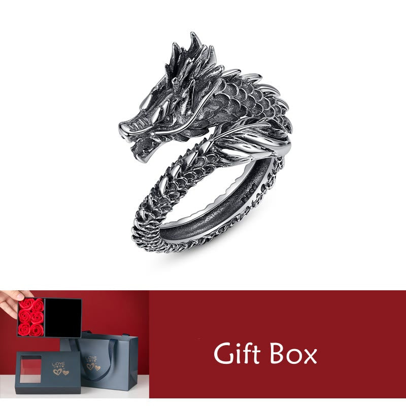 Anello regolabile Buddha Stones 925 Sterling Silver Vintage Dragon Success Protection Strength