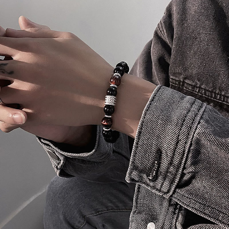 Bracciale Buddha Stones in ossidiana nera naturale con occhio di tigre e forza