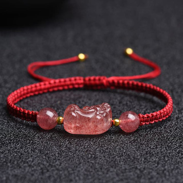 Braccialetto portafortuna rosso con corda PiXiu in quarzo fragola naturale Buddha Stones