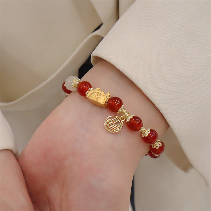 Buddha Stones Anno del Drago Agata Rossa Quarzo Fragola Ossidiana Nera Giada Granato Perla Cinabro Drago Gnocco Fortuna Fu Bracciale Personaggio - image 5