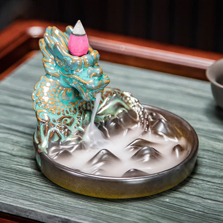 Bruciatore di incenso con fontana di fumo a riflusso in ceramica con motivo a drago, decorazione