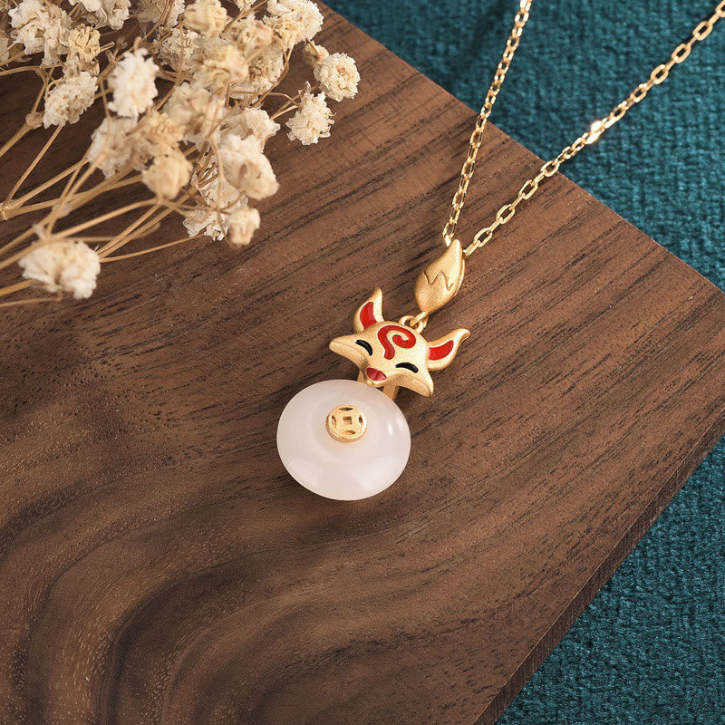 Buddha Stones Giada Bianca Volpe Moneta di Rame Protezione Fortuna Collana Pendente
