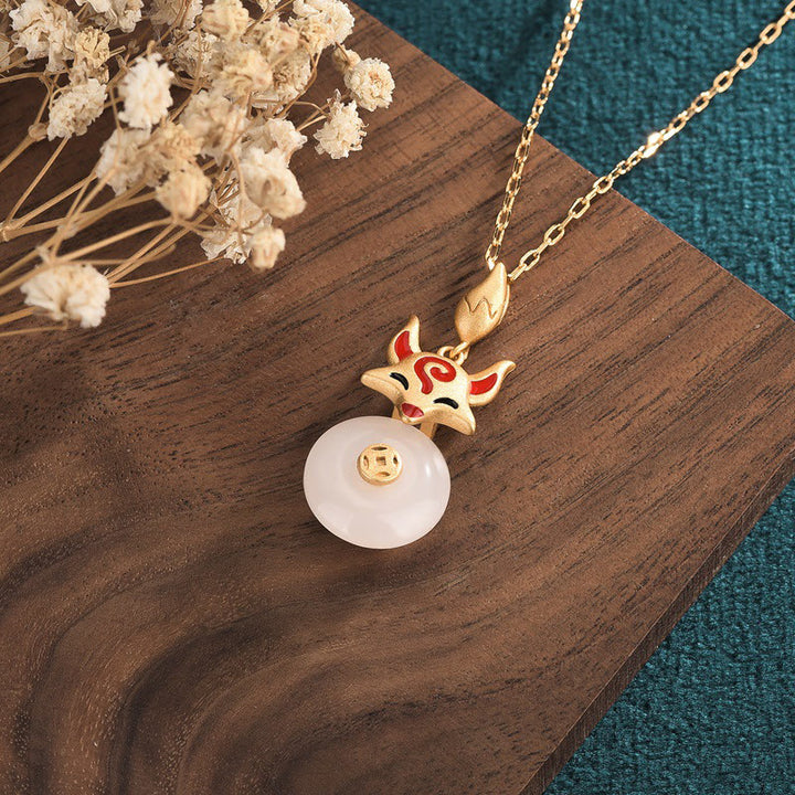 Buddha Stones Giada Bianca Volpe Moneta di Rame Protezione Fortuna Collana Pendente