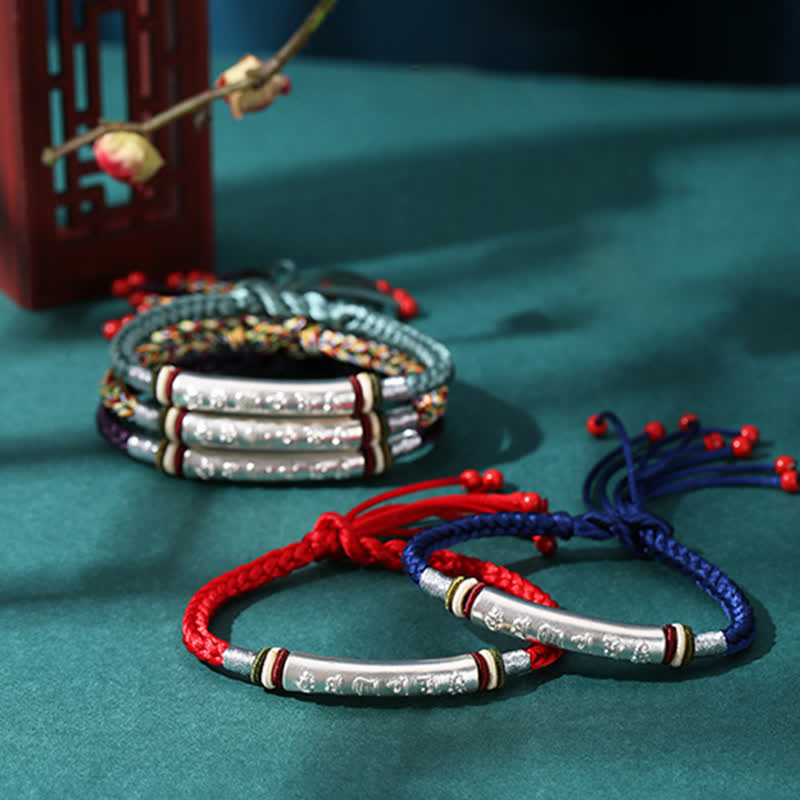Braccialetto di corda di protezione e forza Om Mani Padme Hum in argento sterling 999 Buddha Stones
