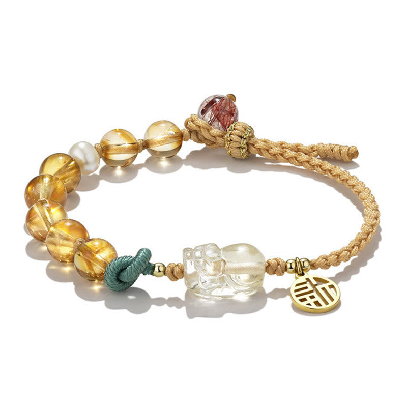 Braccialetto intrecciato con corda di prosperità del carattere PiXiu Fu di Buddha Stones Citrine