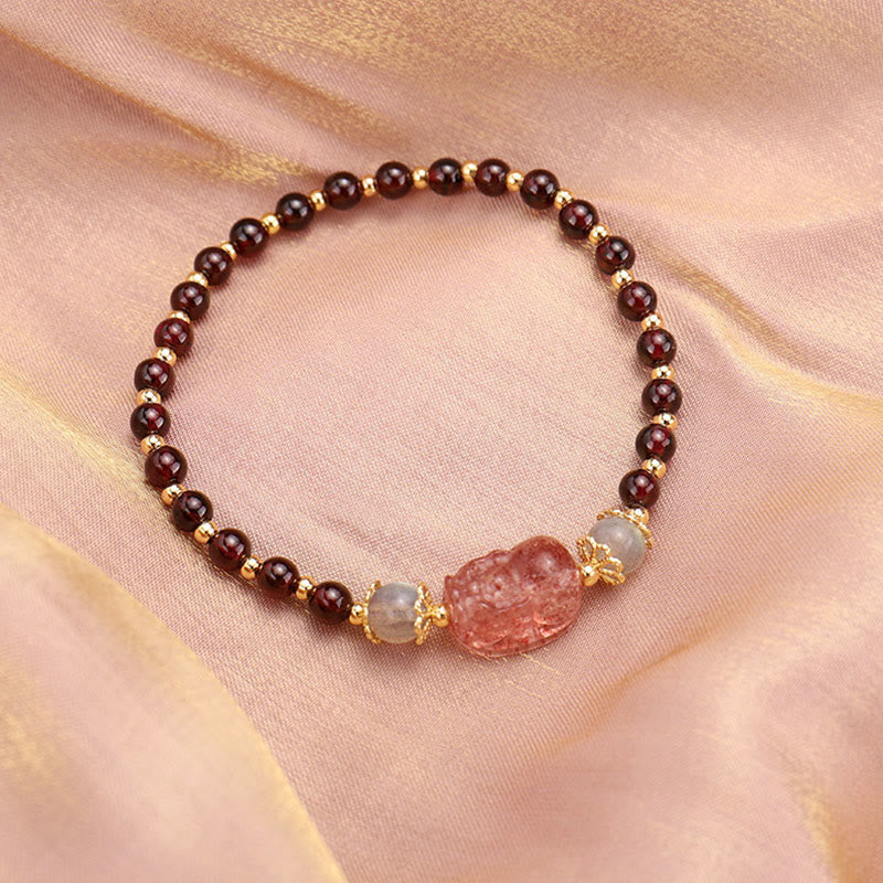 Braccialetto di protezione in pietra di luna PiXiu con quarzo fragola, tormalina naturale e granato Buddha Stones