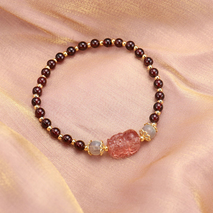Braccialetto di protezione in pietra di luna PiXiu con quarzo fragola, tormalina naturale e granato Buddha Stones