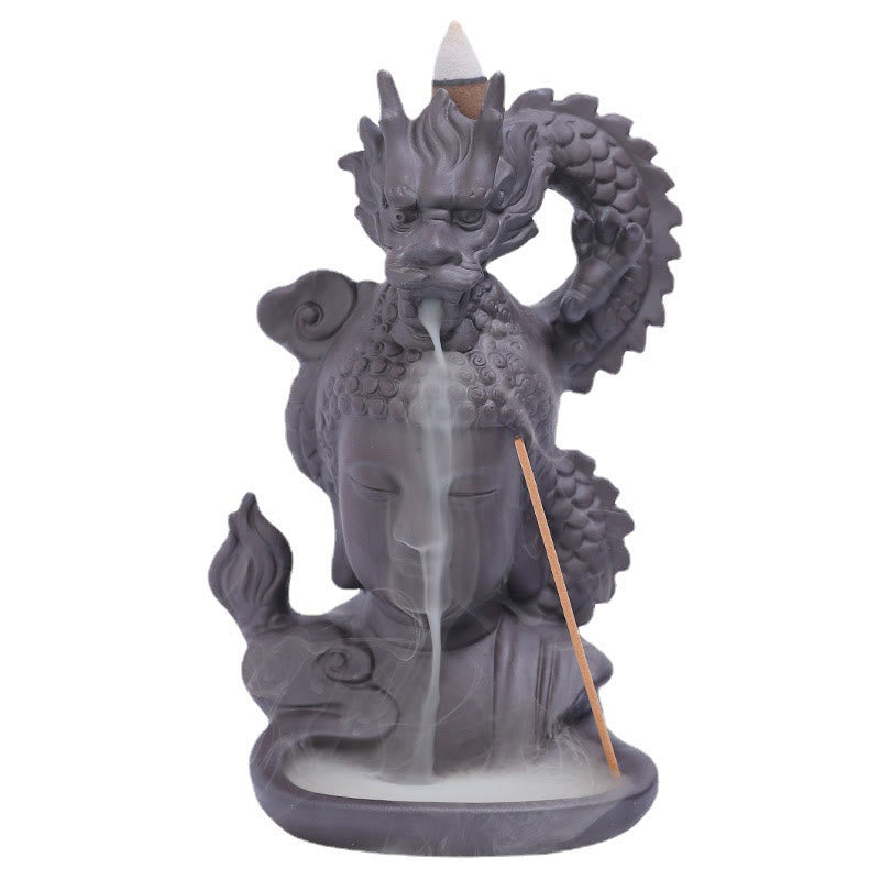 Buddha Stones Buddha Drago Nuvole di buon auspicio Argilla viola Bruciatore di incenso curativo Decorazione