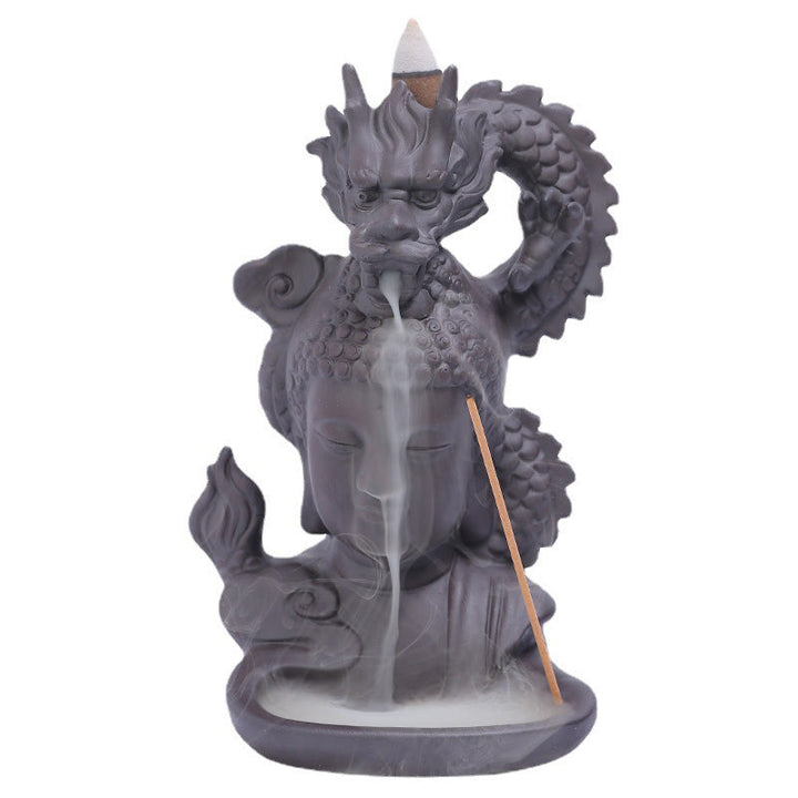 Buddha Stones Buddha Drago Nuvole di buon auspicio Argilla viola Bruciatore di incenso curativo Decorazione