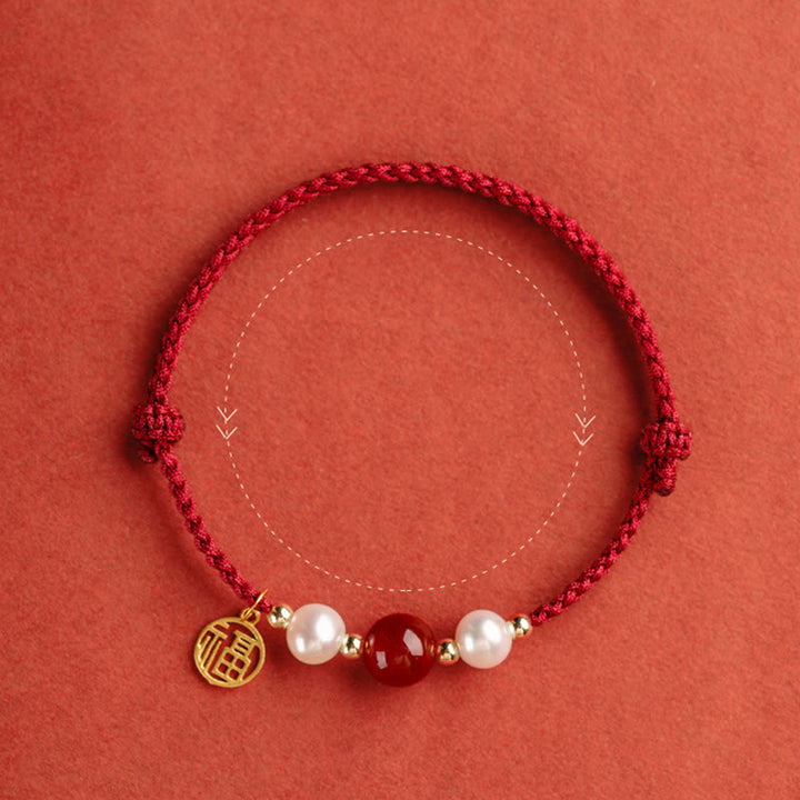 Braccialetto intrecciato in corda rossa con perle di agata e carattere Fu in argento sterling 925 con pietre Buddha Stones