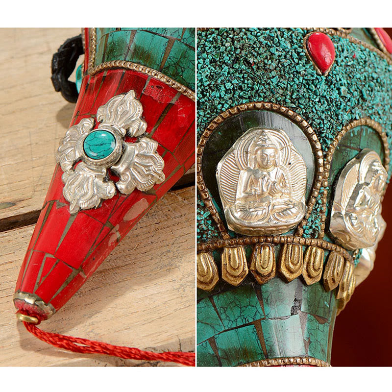 Shankha tibetano fatto a mano Om Mani Padme Hum Buddha Avalokitesvara Turchese Conchiglia Decorazione positiva
