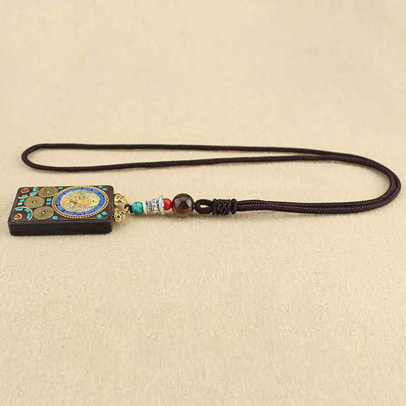Buddha Stones Tibet Dio della Ricchezza Thangka Ebano Collana Pendente della Pace