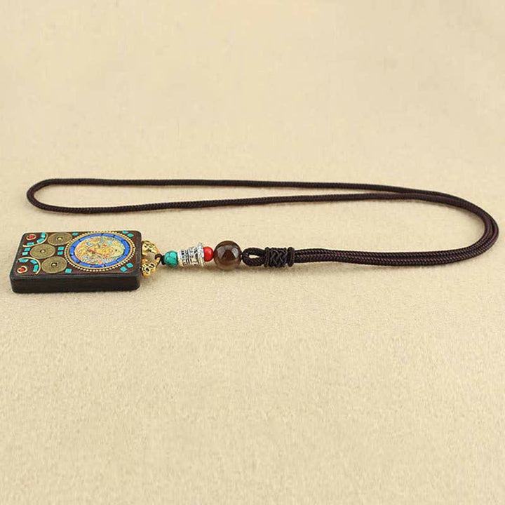 Buddha Stones Tibet Dio della Ricchezza Thangka Ebano Collana Pendente della Pace