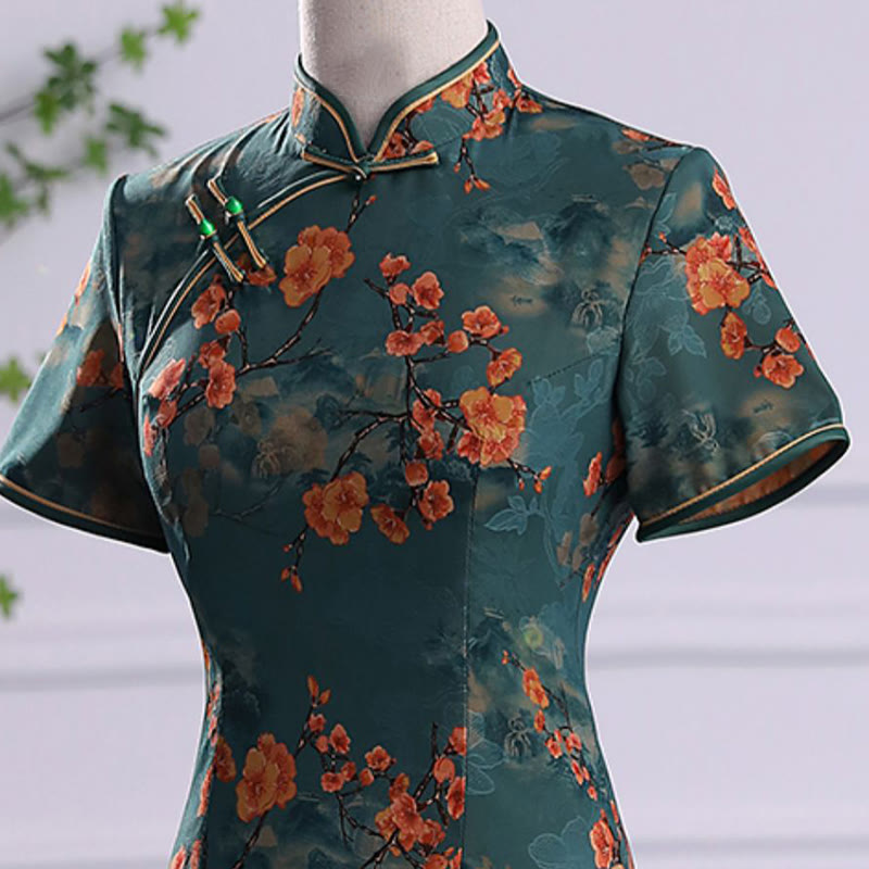 Abito da donna in cheongsam con stampa di piume di peonia e fiori di loto retrò Buddha Stones
