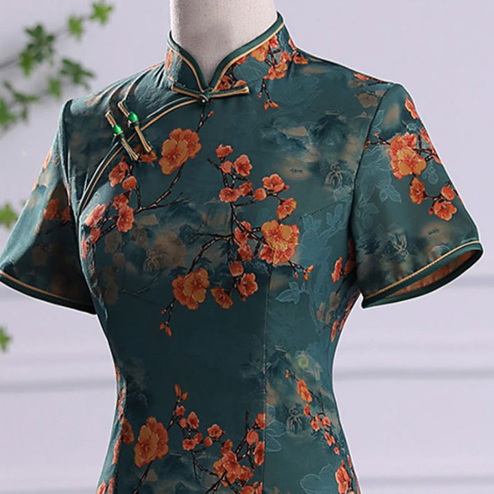 Abito da donna in cheongsam con stampa di piume di peonia e fiori di loto retrò Buddha Stones