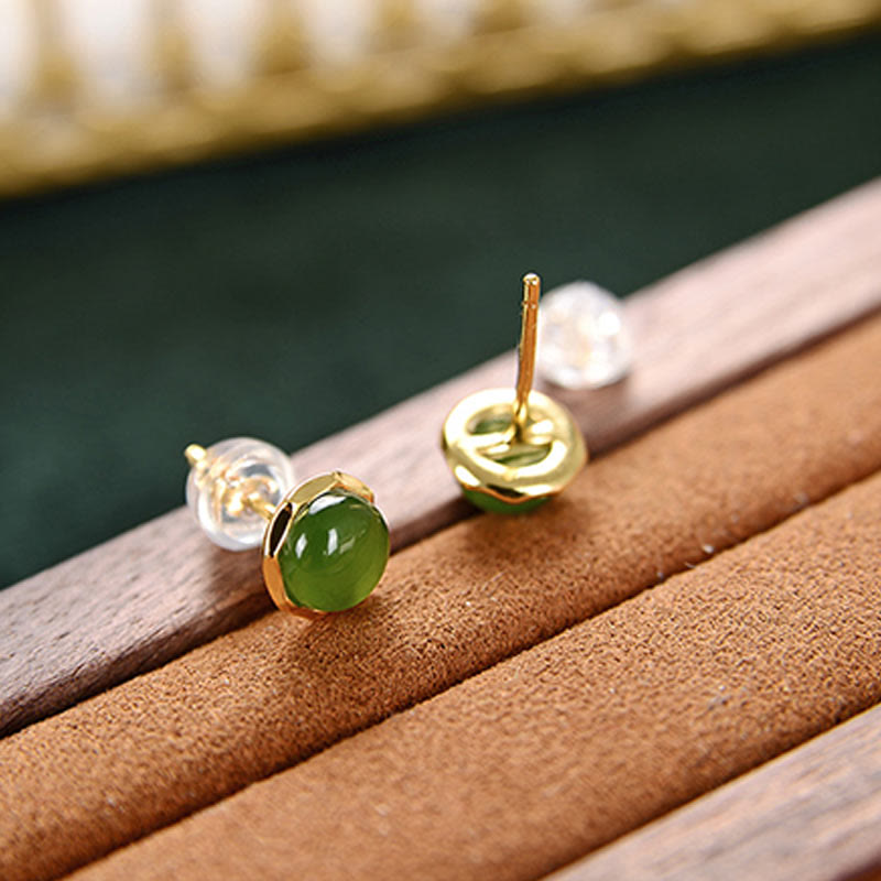 Orecchini a bottone con perline di giada ciano naturale Hetian in argento sterling 925 placcato oro Buddha Stones