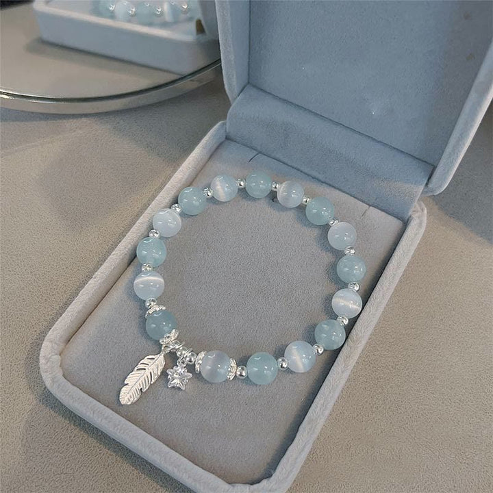 Bracciale con ciondolo a forma di stella di piuma con occhio di gatto e acquamarina in argento sterling 925 Buddha Stones