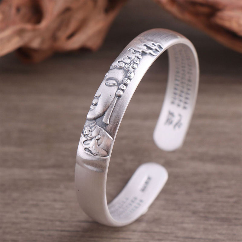Braccialetto Buddha Stones 999 Sterling Silver Buddha Head Heart Sutra Serenity