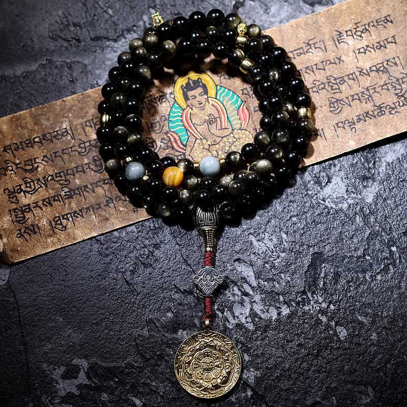 Buddha Stones 108 Mala Beads Oro Lucente Ossidiana Occhio di Tigre Pietra Occhio d'Aquila Bracciale della Ricchezza