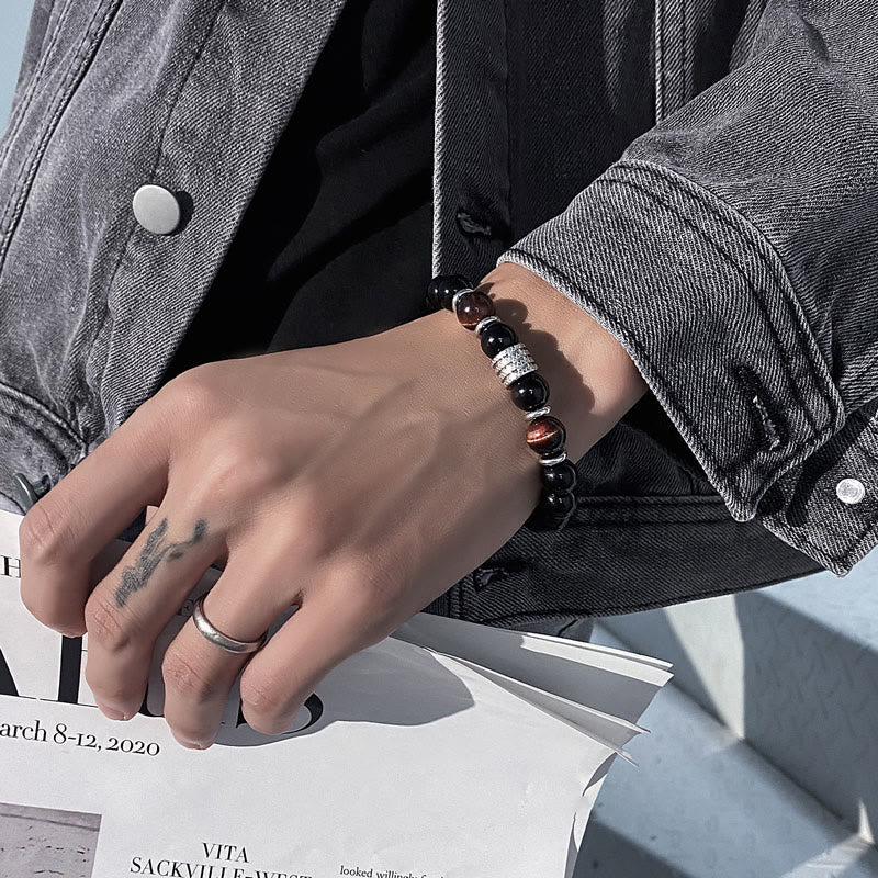 Bracciale Buddha Stones in ossidiana nera naturale con occhio di tigre e forza
