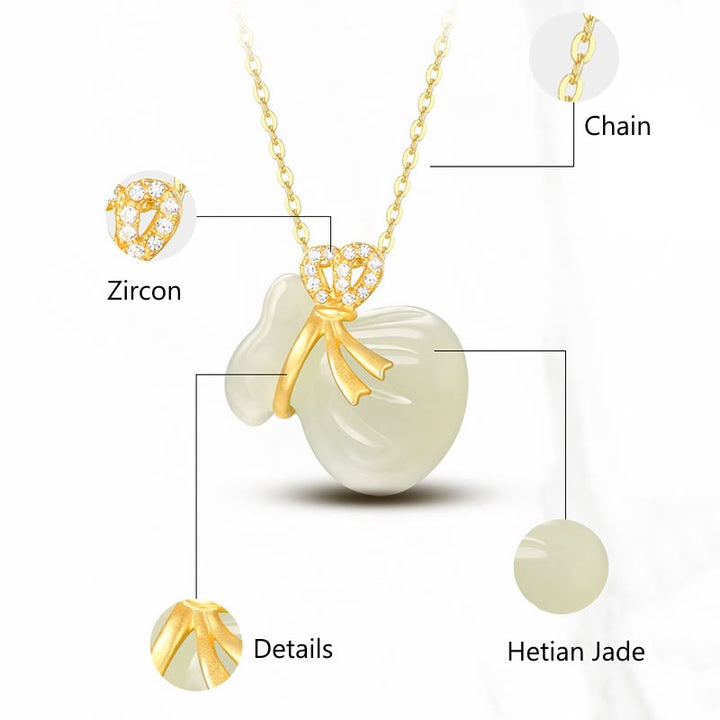 Collana con ciondolo a forma di borsa porta soldi in giada bianca naturale Hetian Buddha Stones