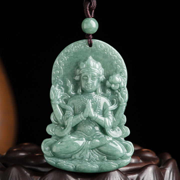 Collana con corda di benedizione dell'amuleto in giada naturale Avalokitesvara a quattro braccia - image 6