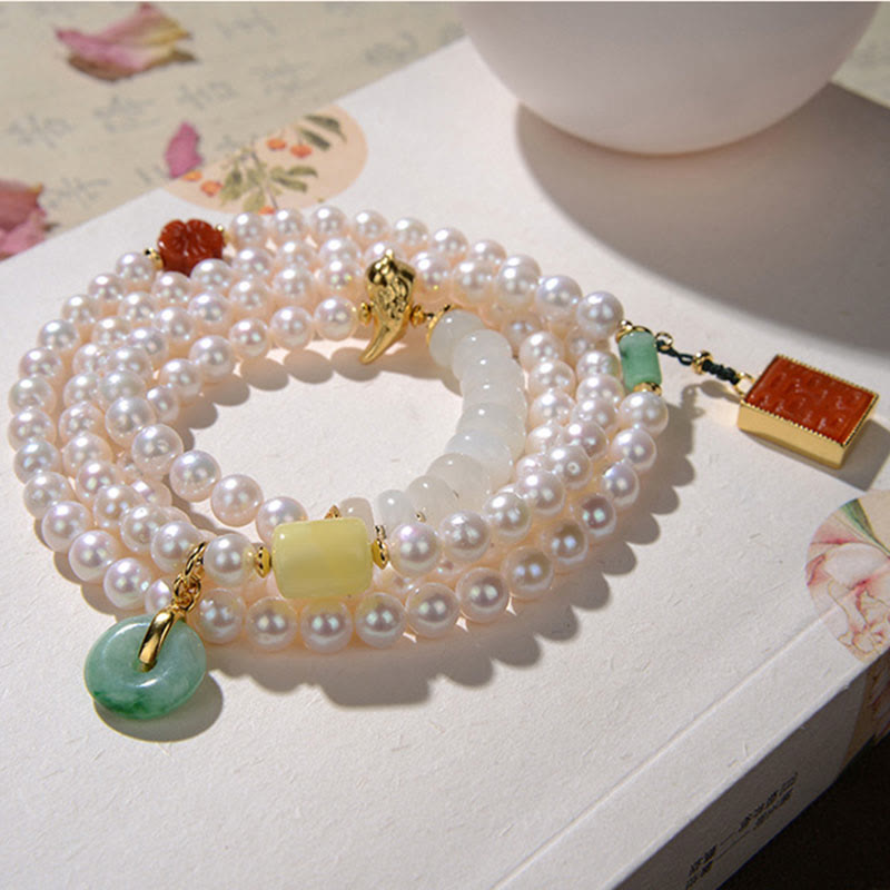 Braccialetto a quattro giri Buddha Stones in argento sterling 925 con perle, giada Hetian, agata rossa, doppia felicità, ambra e fortuna