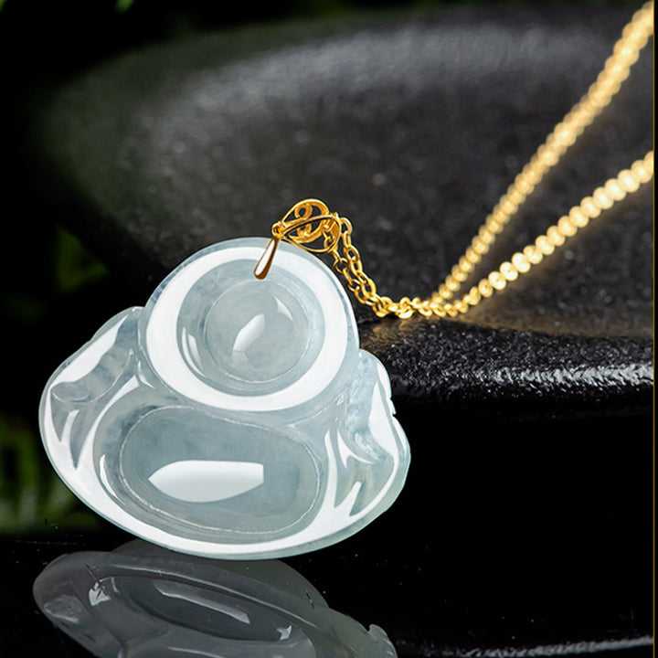 Collana con ciondolo Buddha ridente in giada naturale e oro 18 carati con abbondanza - image 7