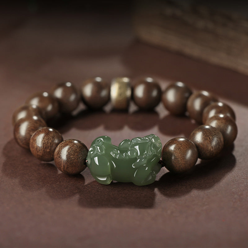 Bracciale Buddha Stones 925 Sterling Silver Brunei Agarwood PiXiu Jade Peace Strength