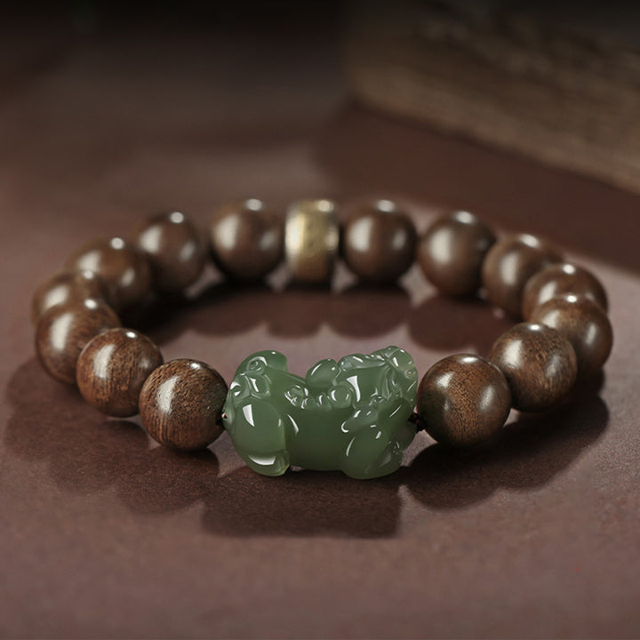 Bracciale Buddha Stones 925 Sterling Silver Brunei Agarwood PiXiu Jade Peace Strength