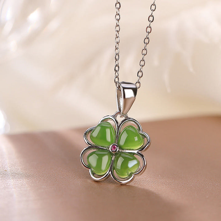 Collana con ciondolo a forma di quadrifoglio fortunato con Buddha Stones in argento sterling 925, giada ciano Hetian, guarigione