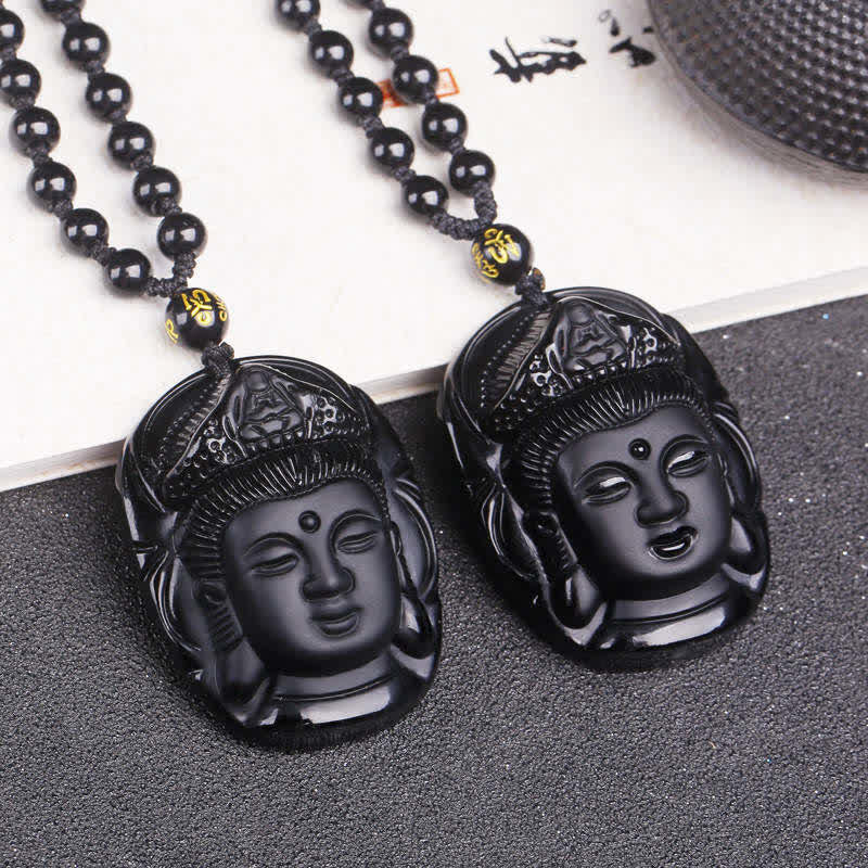 Buddha Stones Ossidiana nera naturale Kwan Yin Avalokitesvara Forza Collana con ciondolo - image 2