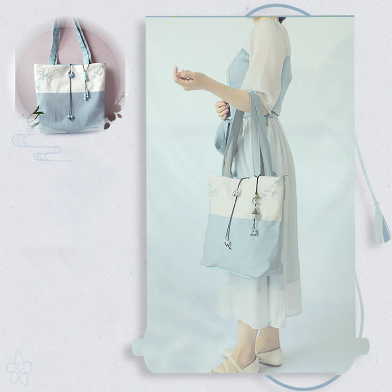 Borsa a tracolla grande capacità in tela con ricamo in bambù, prugna, fiore di pera, pesco - image 26