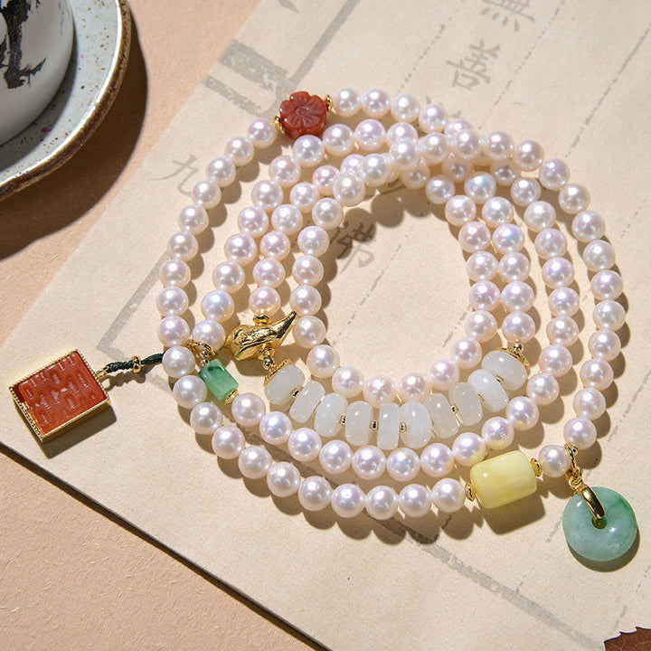 Braccialetto a quattro giri Buddha Stones in argento sterling 925 con perle, giada Hetian, agata rossa, doppia felicità, ambra e fortuna