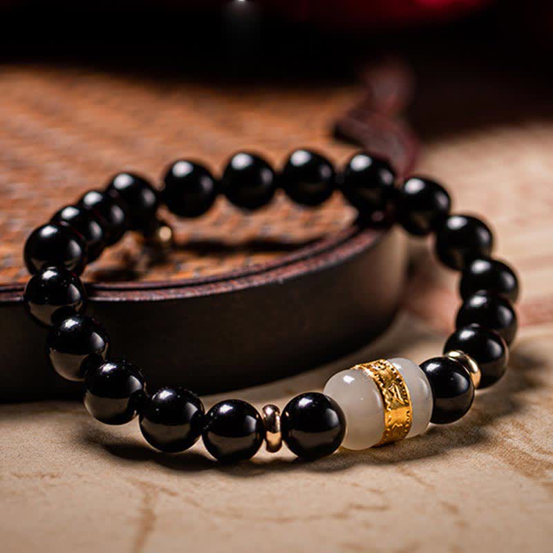 Buddha Stones Ossidiana nera Giada Om Mani Padme Hum Forza Coppia Braccialetto magnetico