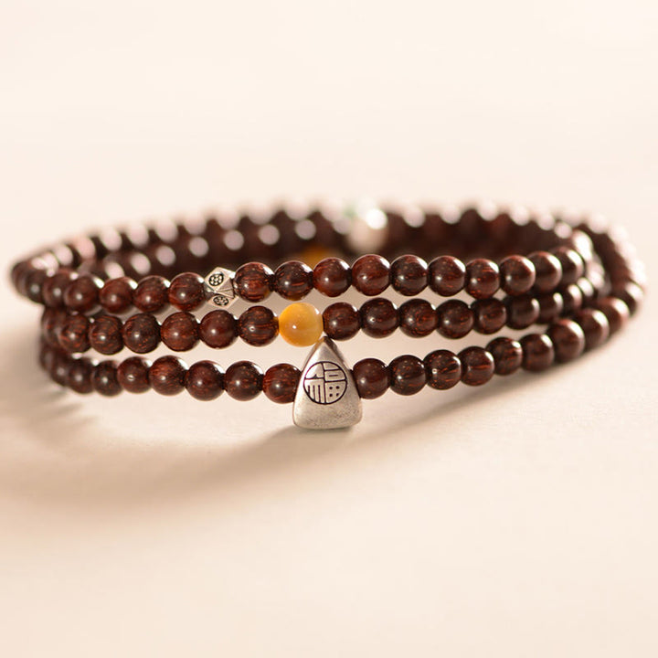 Braccialetto a triplo giro con protezione del carattere Fu, in argento Buddha Stones 925, con piccola foglia indiana in legno di sandalo rosso